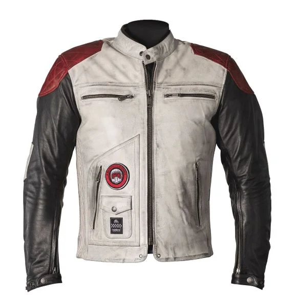 Blouson Helstons TRACKER CUIR RAG – Blanc / Rouge Ref : HS0723