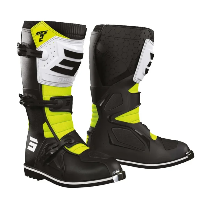 Bottes Cross Enfant SHOT RACE 2 Noir Blanc Jaune Fluo