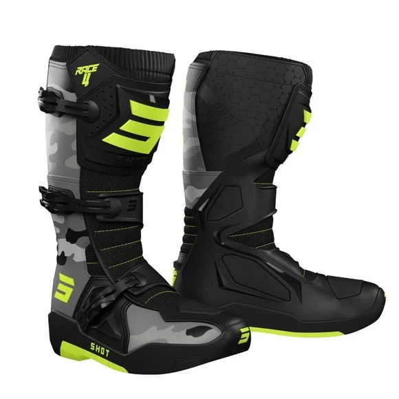 Bottes cross Shot RACE 4 – CAMO NEON YELLOW 2024 – Gris / Jaune Ref : SO2222