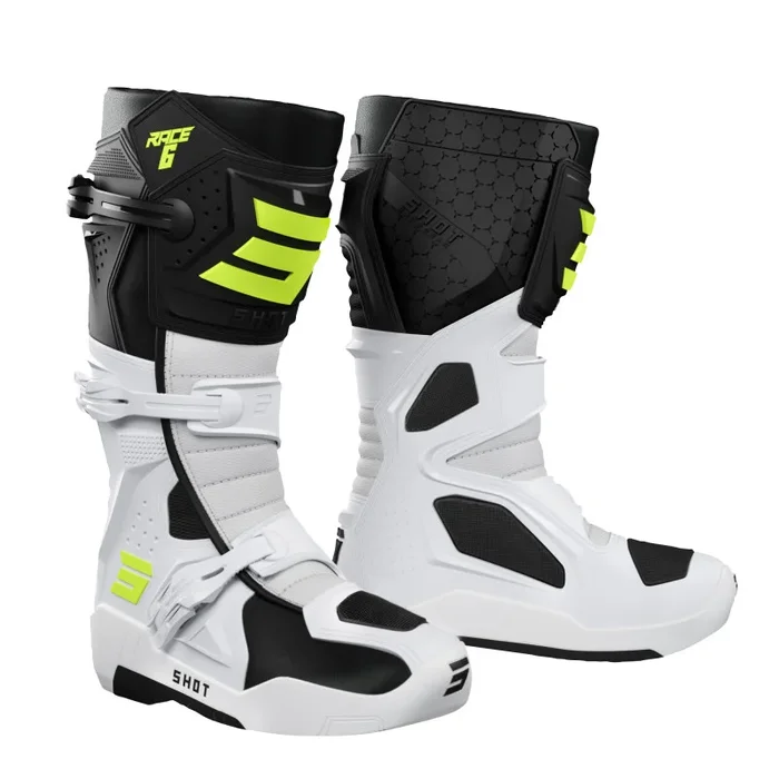 Bottes Cross SHOT RACE 6 Noir Blanc Jaune Fluo